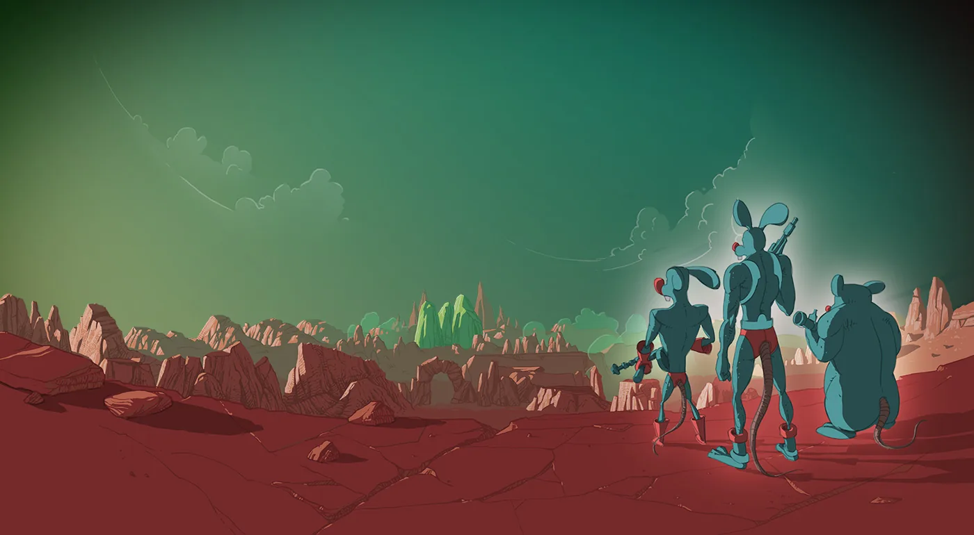Game artwork — characters on alien landscape